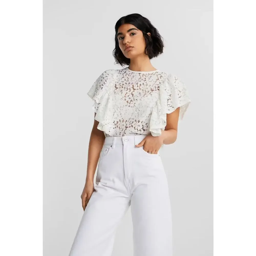 Zara Woman Collection Ivory Lace Blouse Ruffled Sleeves Size S
